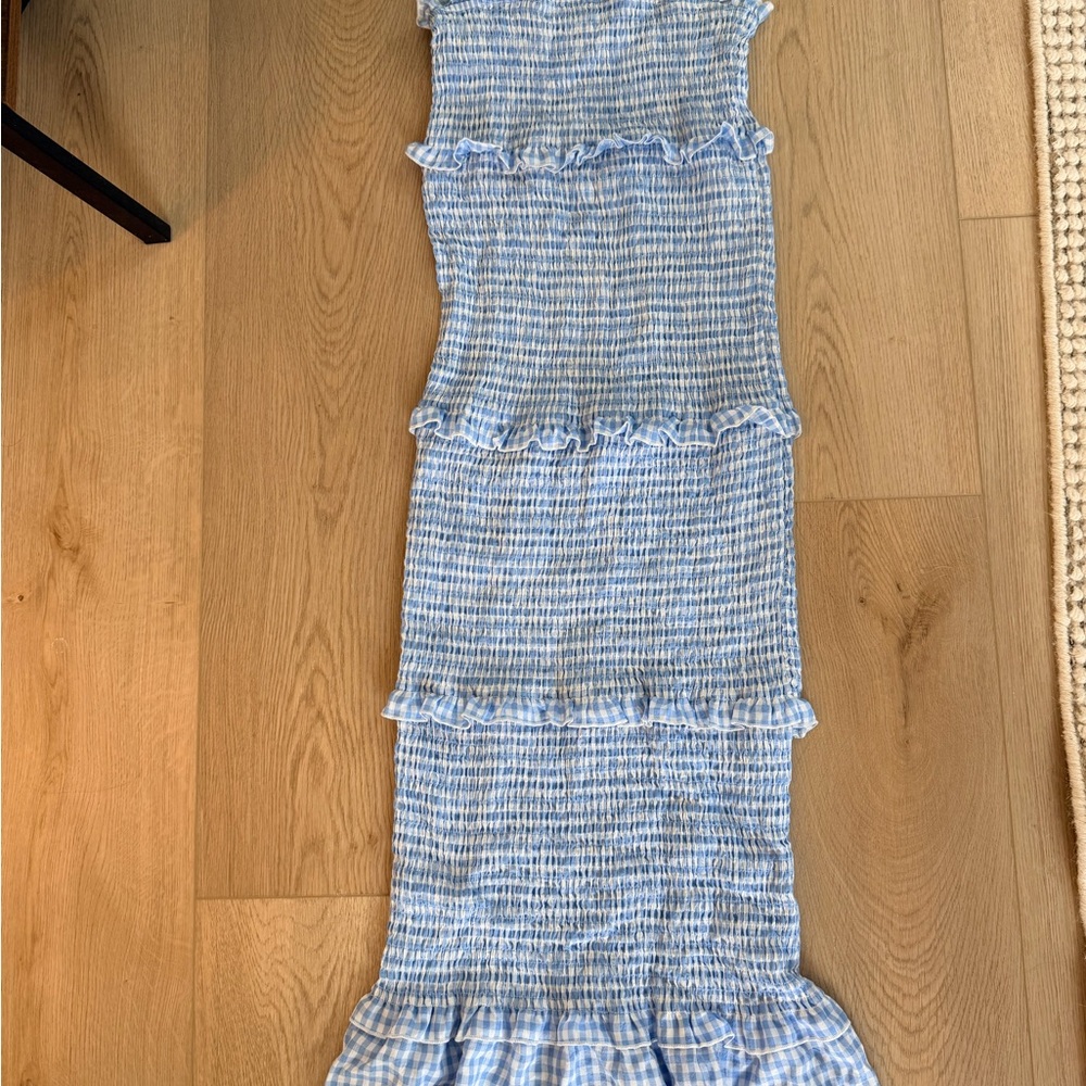 Blue and White Smocked Midi Dress with Ruffle Tiers - maternity size small